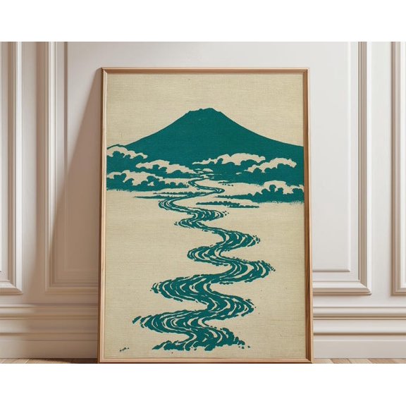 Green Mountain River Japanese Woodblock Style Landscape Wall Art, Unframed Paper Poster 8x10in