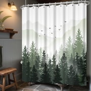 Green 60" Wide Shower Curtains Forest Tree Fabric Shower Curtain Nature Bathroom Decor with Hooks 60x72Inch