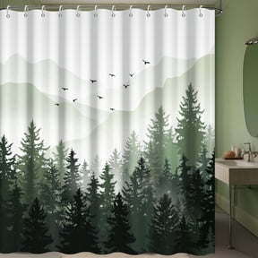 Green Mountain Shower Curtain Forest Tree Fabric Bath Curtains Nature Bathroom Decor with Hooks 72Wx78L Inch