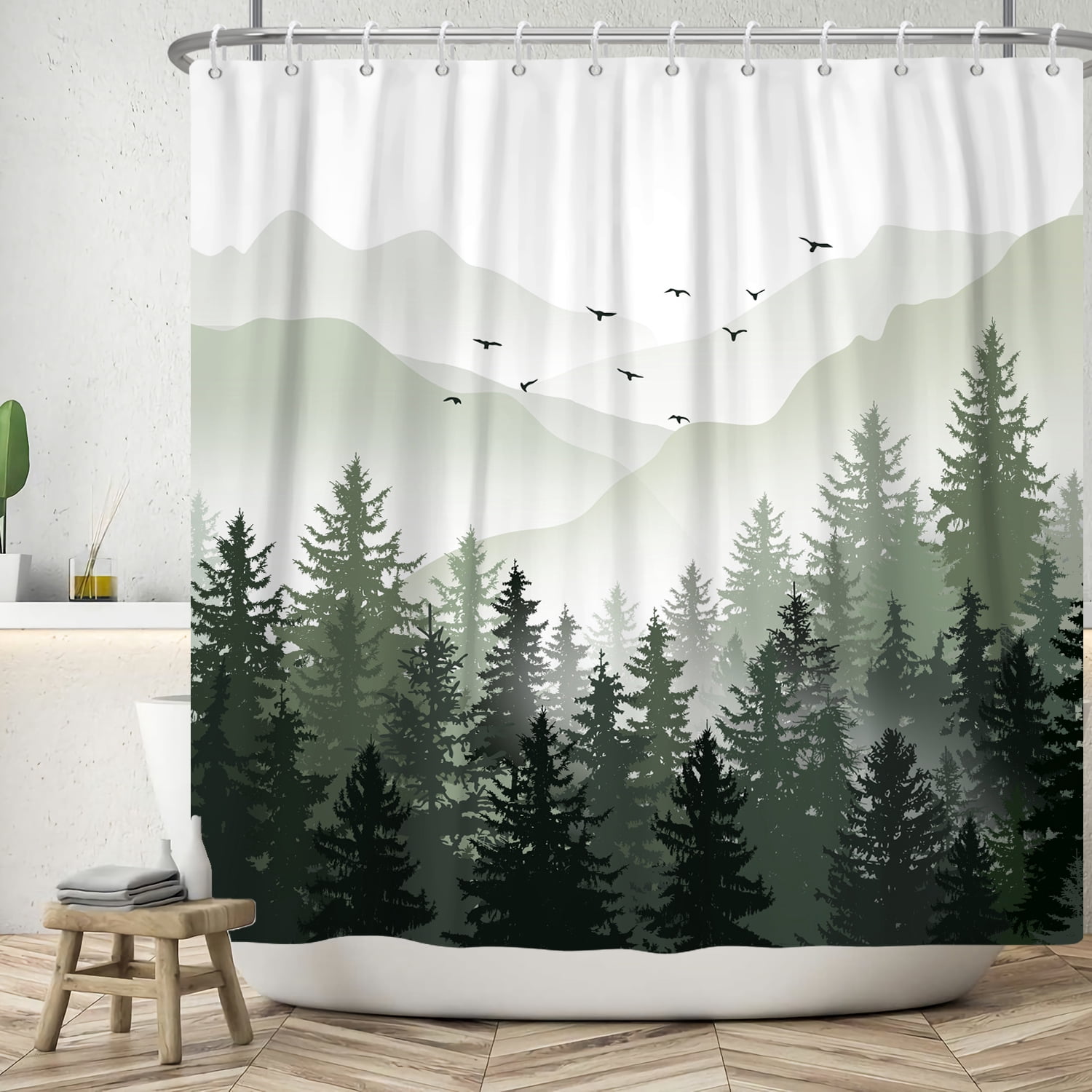 Green Mountain Shower Curtain Forest Tree Fabric Bath Curtains Nature ...