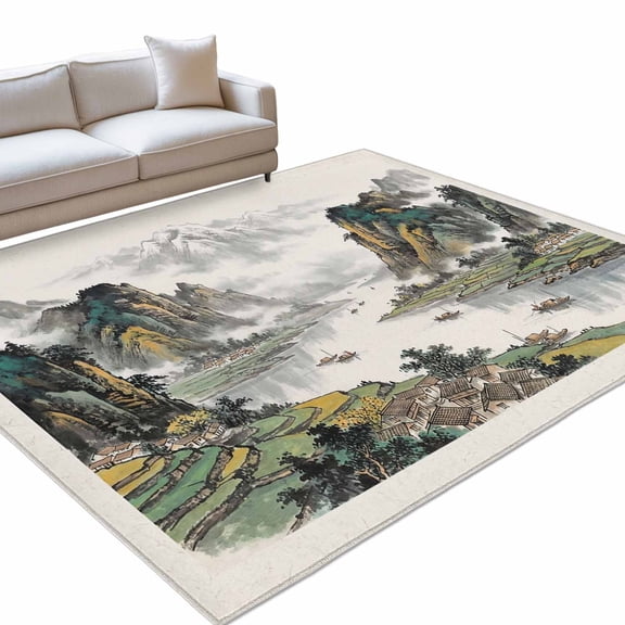 Green Mountain Stream 6x9ft Non Slip Area Rug Oriental Traditional Ink Painting Chinese Washable Soft Area Rugs for Living Room, Indoor Circle Carpet for Bedroom Dining Room Kitchen