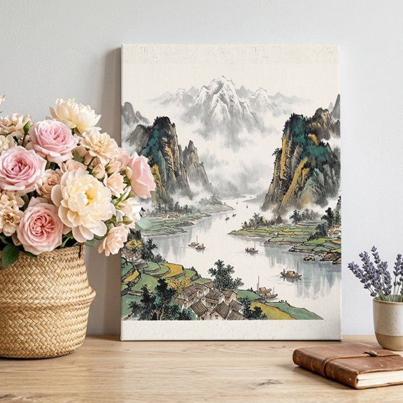 Green Mountain Stream Canvas Wall Art, Oriental Traditional Ink Painting Chinese Framed Canvas Wall Decor Picture Print Artwork Decorations for Living Room Office Ready to Hang 30" x 20"