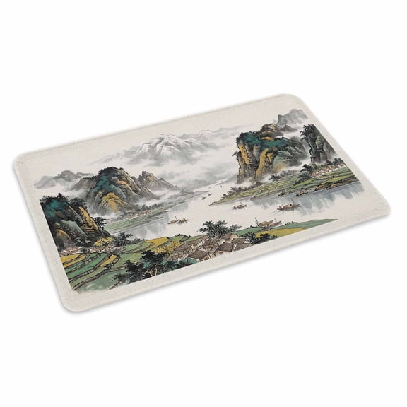 Green Mountain Stream Doormat Oriental Traditional Ink Painting Chinese Non Slip Low Profile Rubber Door Mat Washable Absorbent Indoor Front Door Mat Entryway Rug Entrance Carpet 16x24 Inch