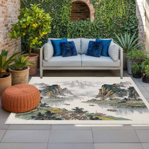 Green Mountain Stream Indoor Outdoor Rugs 4x6 Ft, Oriental Traditional Ink Painting Chinese Outdoor Patio Rugs Mat Washable Outside Area Rugs Carpet for Porch Deck RV Camping Pool Balcony Backyard
