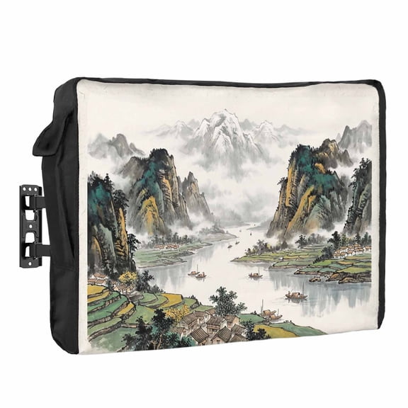 Green Mountain Stream Outdoor TV Cover Oriental Traditional Ink Painting Chinese Waterproof Weatherproof TV Screen Protector with Remote Control Pocket for 80 to 85 Inch Television Outside