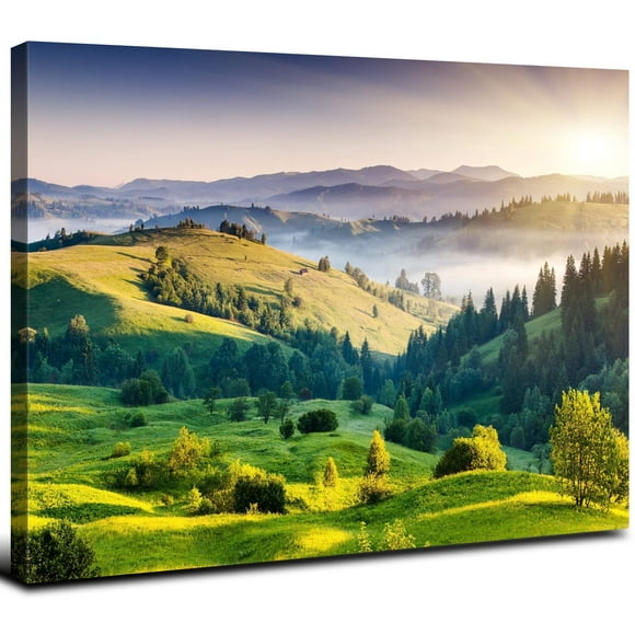 Green Mountain Sunrise Canvas Art Nature National Park Misty Forest Painting 12x16 Inch Framed Wall Decor for Home Office Living Room Bedroom, Green