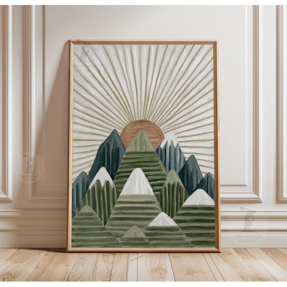 Green Mountain Sunrise Poster, Minimal Landscape Painting, Radiating Sun Nature Wall Art, Poster Only