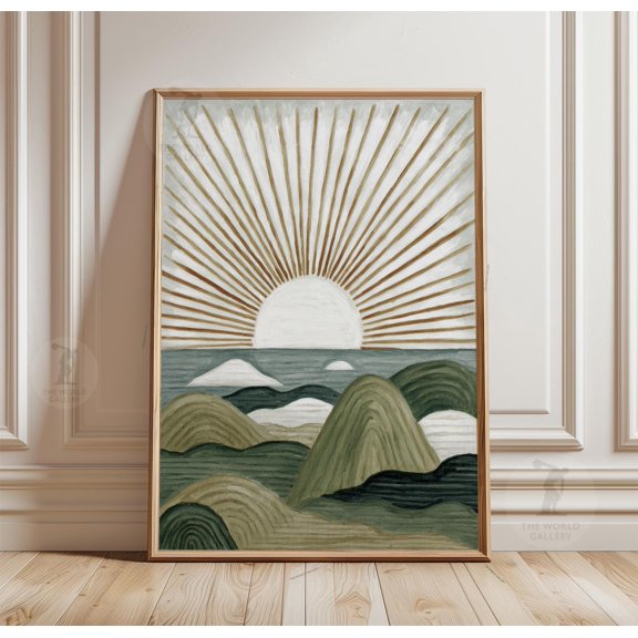 Green Mountain Sunrise Poster, Minimal Landscape Painting, Radiating Sun Nature Wall Art, Poster Only