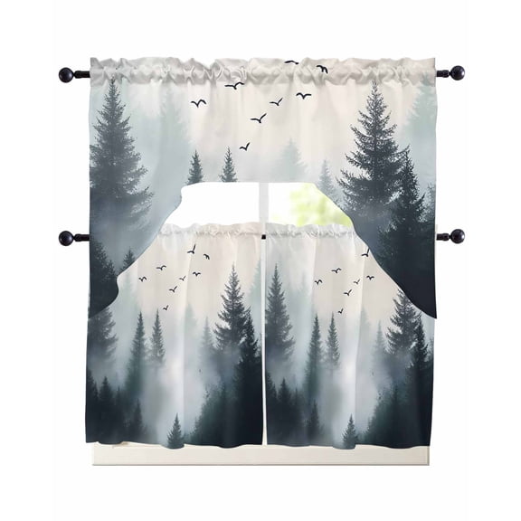 Green Mountain Swag Valance and Tier Curtains Set Retro Forest Nature Tree Sky Sun Birds Kitchen Curtains 3 Piece Set Rod Pocket Panels for Bedroom Cafe Swag Valances and 36 inches Tiers