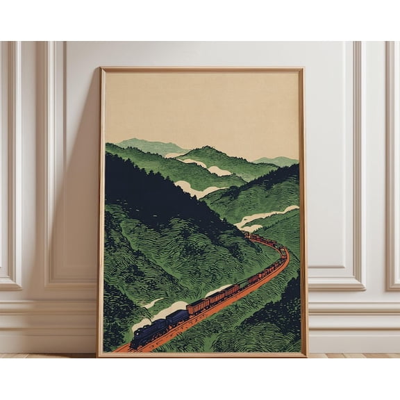 Green Mountain Train Vintage Railway Landscape Scenic Travel Wall Art, Unframed Paper Poster 8x10in