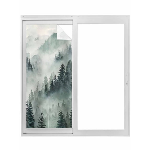 Green Mountain Window Privacy Film, Misty Forest Nature Woodland Pine Tree Landscape Static Cling UV Sun Blocking Tint Film Heat Control Windows Films for Bedroom Window Stickers 17.7"x39.3"