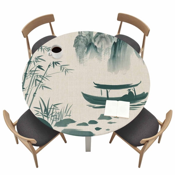 Green Mountains Fitted Tablecloth with Elastic Edged, Round Table Cloth for Dining Table, Modern Watercolor Nature Country Landscape Waterproof Oil Proof Table Cover for Indoor Outdoor 36"-44"