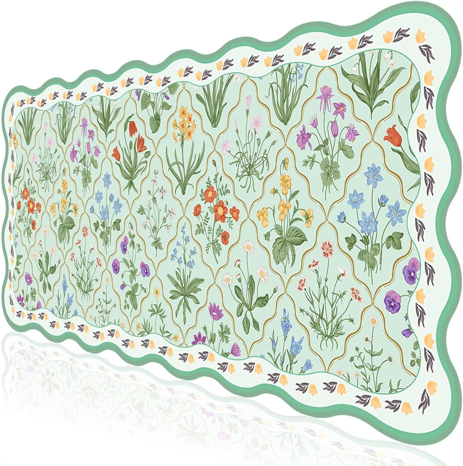 Green Mouse Pad,Botanical Desk Mat XXL Large Scalloped Gaming Mousepad,35.4x15.7in Non-Slip Rubber Base Keyboard Pad Waterproof Desktop Mat for Laptop Computer Game Home Office-Flowers