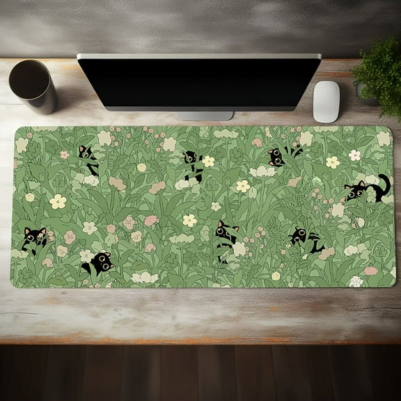 Green Mouse Pad Xl Cat Cute Plant Cool Mouse Keyboard Pad For Desk, Keyboard Mat Kawaii Black Cat Flower Mouse Pad Green Desk Mat Desk Decor With Stitched Edges Non-Slip Large Computer Mat 31.5x15.7in