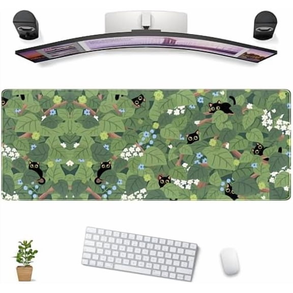 Green Mousepad Desk Mat Cute Anime Black Cat Kawaii Mouse Pad Gaming XL Large Extended Sage Leaves Desk Matt for Desktop, Computer Keyboard Mouse Mat for Women Office Decor Accessories 31.5x11.8 in