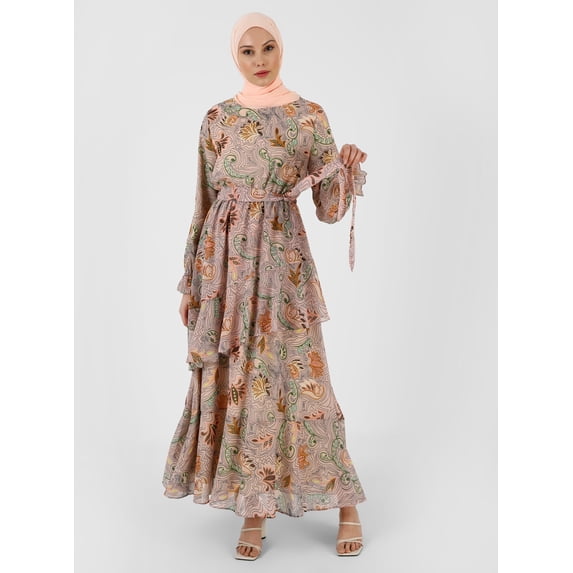 Green - Multi - Crew neck - Fully Lined - Modest Dress - Refka