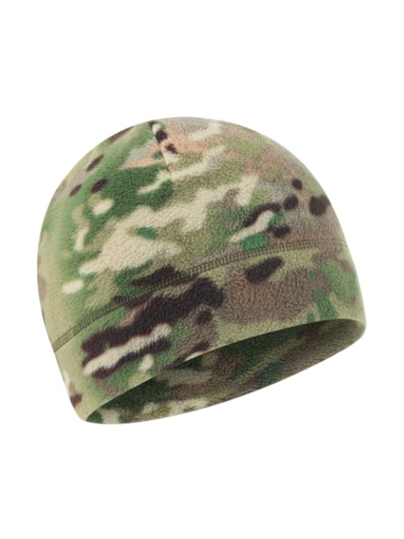 Green Multicam Fleece Beanie Hat, Warm Camo Skull Cap for Outdoor Winter