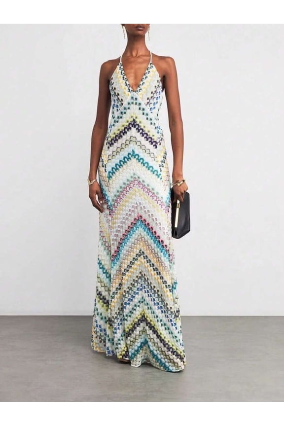 Green Multicolor Boho Maxi Dress With Spaghetti Straps Deep V Neck Sleeveless Form-Fitting Long Summer Dress