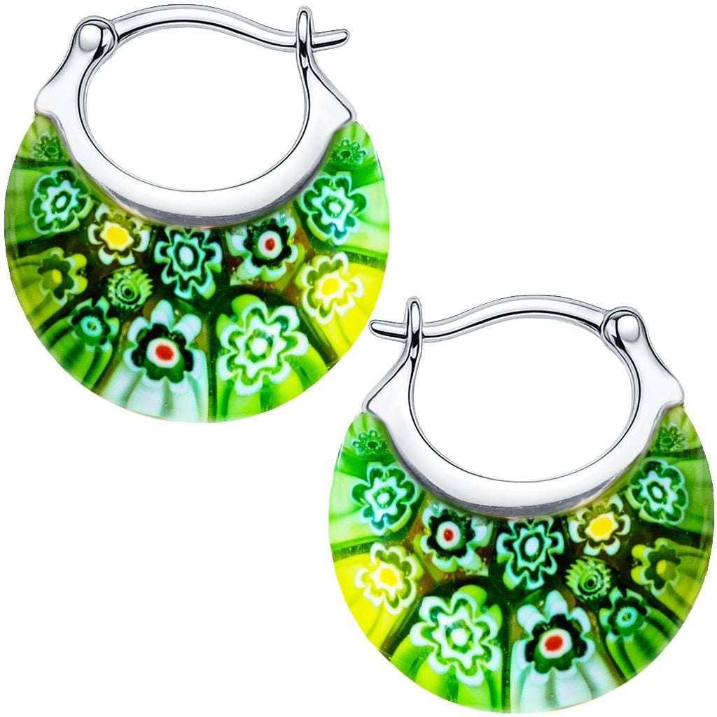 Green Murano Style Millefiori Glass Hoop Earrings for Women Daisy Flower Stainless Steel Jewelry Ct. 30 Birthday Christmas Gifts