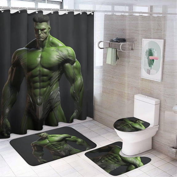 Green Muscle 4 Pcs Bathroom Shower Curtain Set, Bathroom Sets with Rugs (Bath Mat, U Shape and Toilet Lid Cover Mat) and 12 Hooks,