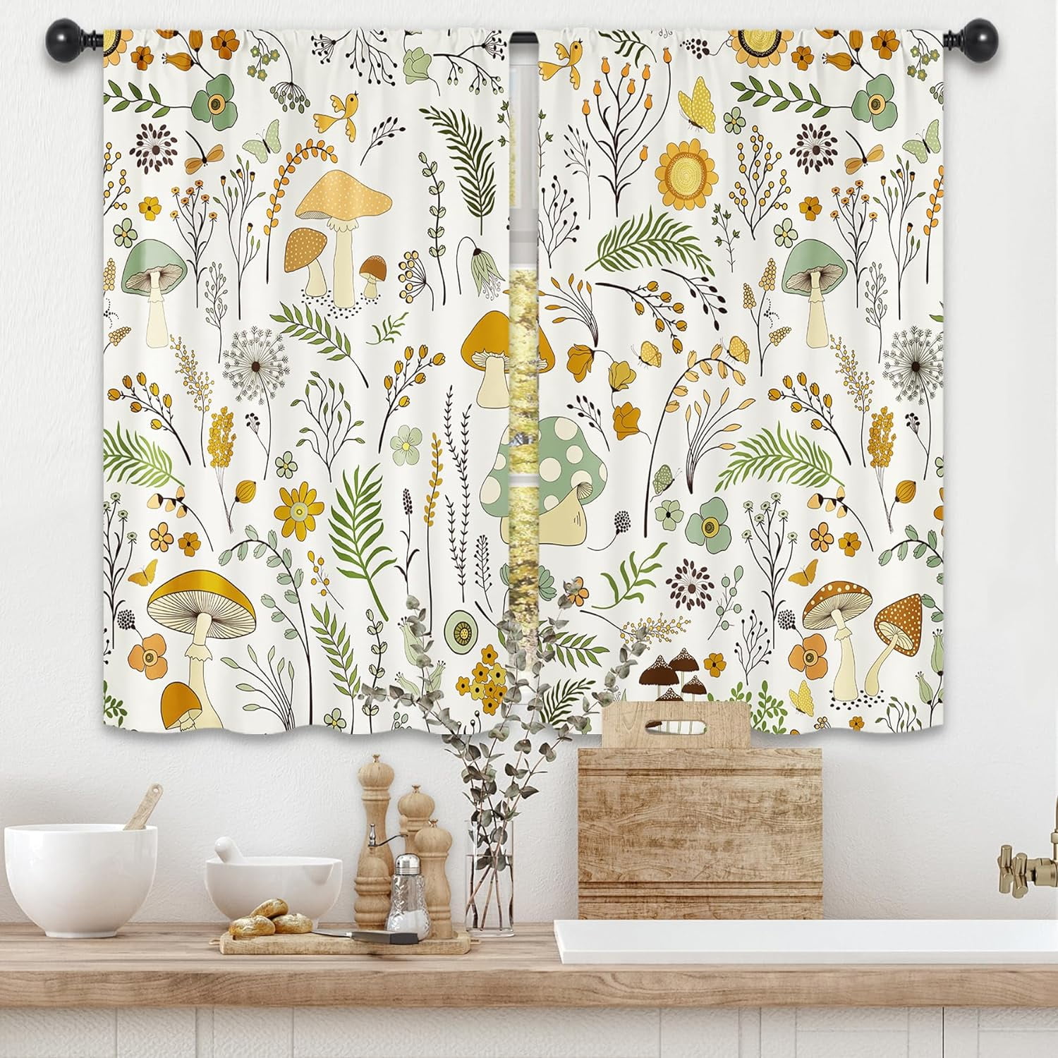 Green Mushroom Cottagecore Kitchen Curtains 27.5W x 39L Inch Fungus ...