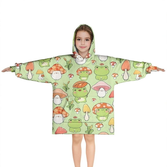 Green Mushroom Frog Green Pattern Blanket Hoodies for Kids 6-13YR Oversize Wearable Blanket Hoodies for Boys Girls Teens