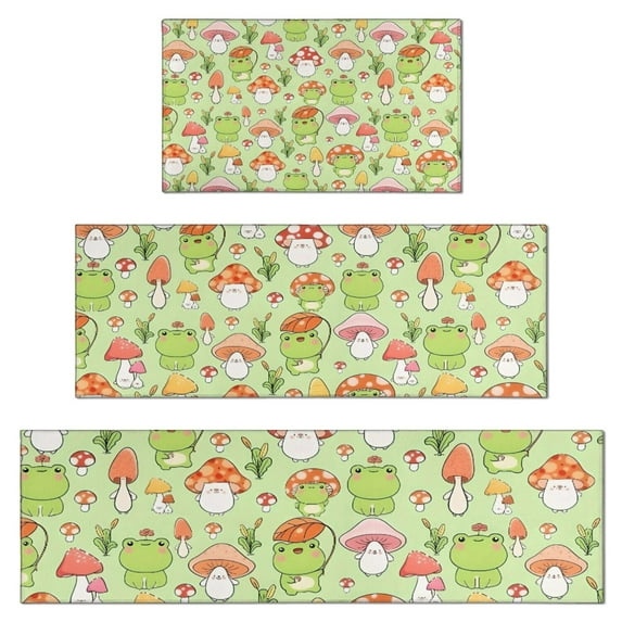 Green Mushroom Frog Green Pattern Kitchen Rugs Sets Of 3,Kitchen Runner Rugs Non Skid Washable,Decorative Kitchen Floor Mats for Kitchen,Sink,Laundry,17"x30"+ 17"x47" + 17"x59"