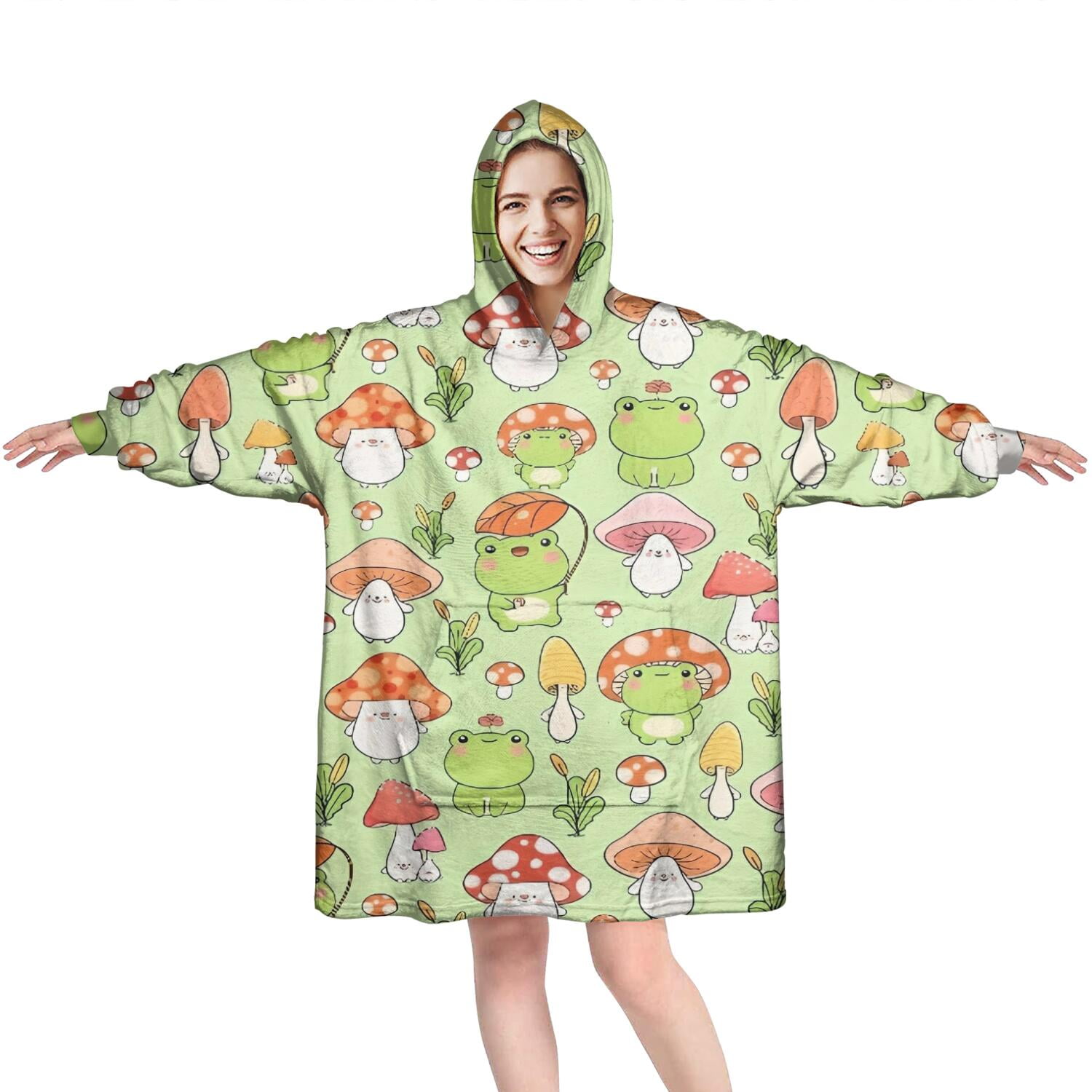 Green Mushroom Frog Green Pattern Wearable Oversized Blanket,Wearable Blanket Hoodie for Adults,Cozy Hooded Blankets with Super Pockets,Super Warm Fuzzy Pullover for Women & Men