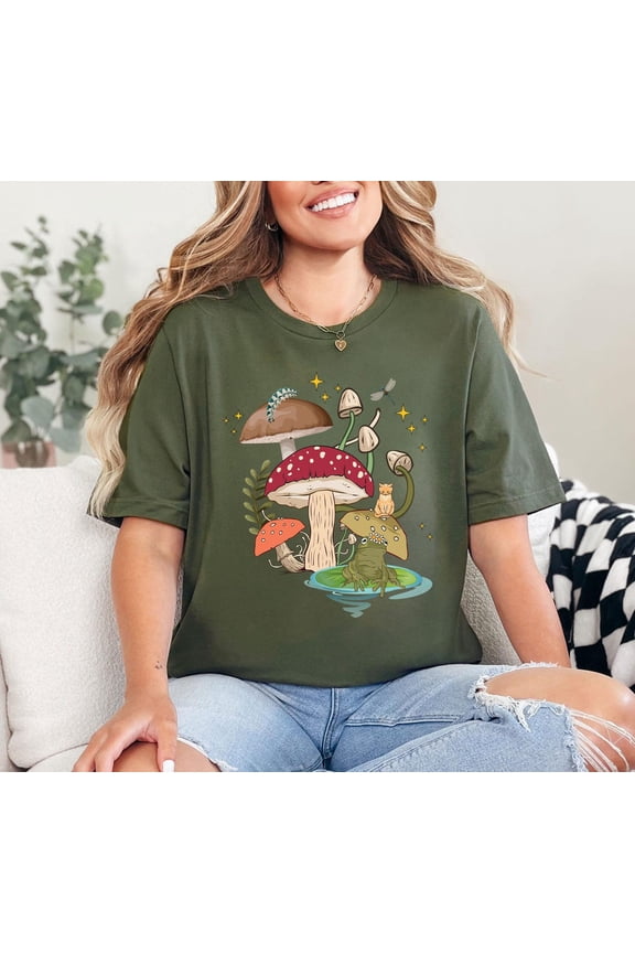 Green Mushroom Shirt, Mystic Cat Moon T-Shirt, Frog Shirt, Witchy Goblincore, Retro Frog Tshirt, Mushroom Shirt, Cottagecore Froggy Tee All Size S-5XL