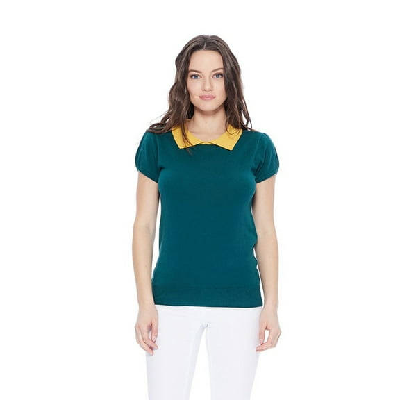 Green & Mustard Short Sleeve Knit Top - Peter Pan Collar Retro - S to L