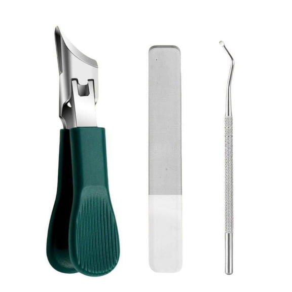 Green Nail Care Tool Set – Includes Thick Nail Clipper, Ingrown Nail Lifter & Nail File | Beveled Eagle Beak Design, Large Opening, Anti-Splash, for Thick & Hard Nails