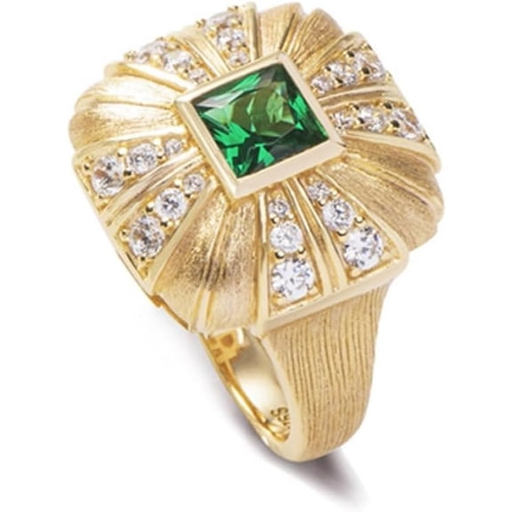 Green Nano Emerald Rings for Women with Brushed Finish Gold Engagement Rings CZ Wedding Rings 925 Sterling Silver Gold Rings for Mothers Valentines
