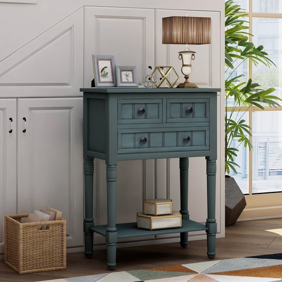 Green Narrow Console Table, 23.7" Solid Wood Slim Sofa Side Table, with 3 Storage Drawers & Bottom Shelf, Exquisite Accent Table, Ideal for Narrow Spaces, Living Room Hallway Storage Desk
