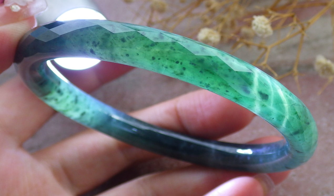 Green Natural A JADE Jadeite Dia Cut Circle Bangle Bracelet 58 mm 682679 TN