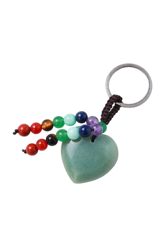 Green Natural Crystal Heart Shaped Gemstone Keychain, Dongling Stone Pendant with Beads, Healing Stone Keyring for Luck