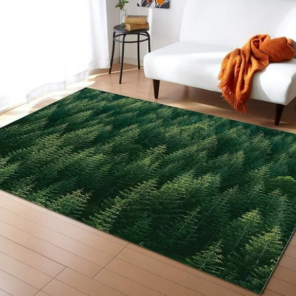 Green Natural Landscape Area Rug, Green Pine Forest Washable Rugs, With Non-Slip Backing Living Room Rugs For Dining Room Home Office 1x2ft