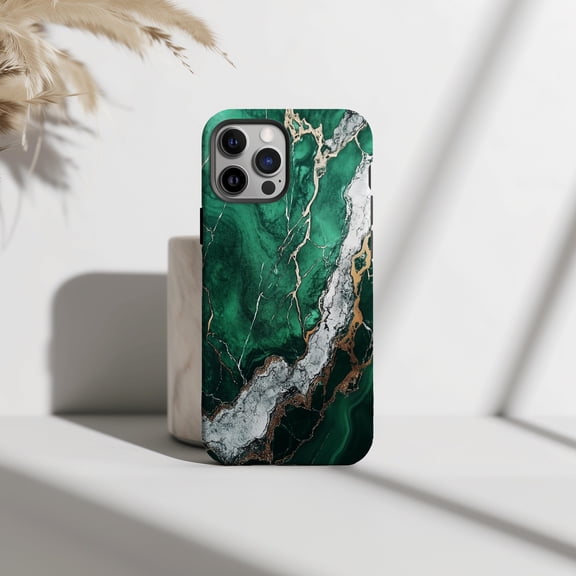 Green Natural Marble Phone Case Charcoal Grey Accents Stone Style Shockproof Cover For iPhone Samsung Galaxy Pixel