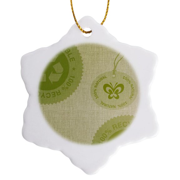 3drose, Green Natural Recycle Earth Friendly Art, 3 inch Snowflake Porcelain Ornament