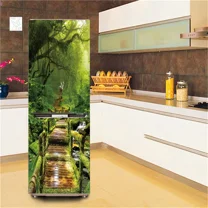 Green Natural Scenery Fridge Sticker Full Door Cover Mural Forest Waterfall Refrigerator Stickers PVC Wallpaper Kitchen r