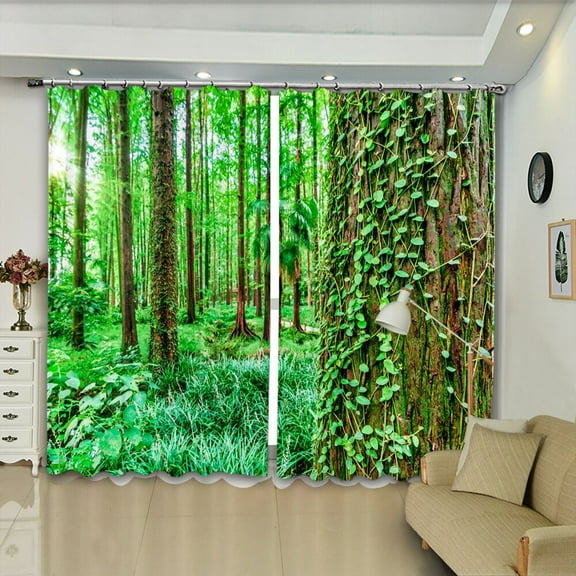Green Natural Scenery Realistic 3D Print Thin Window Curtain for Living Room Scenic Shading Curtains for Bedroom with Hook Decor