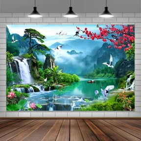 Green Nature Party Backdrop,7X5Ft Rivers Mountains Photography Background Refreshing Party Event Decoration