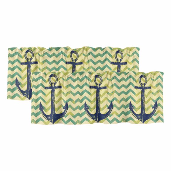Green Nautical Anchor Curtain Valances for Windows, Kitchen Valance Window Treatments Panel 2 Pack, Vintage Ombre Zigzag Stripe Rod Pocket Short Curtains for Bathroom Bedroom 42 x 12 Inch