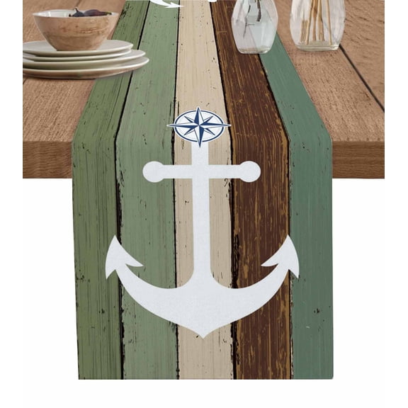 Green Nautical Anchor Short Table Runners 36 Inches, Cotton Linen Fabric Table Runner Dresser Scarf, Rustic Distressed Wood Grain Tablerunner for Party/Kitchen/Dinner/Wedding Decor 13''x36''