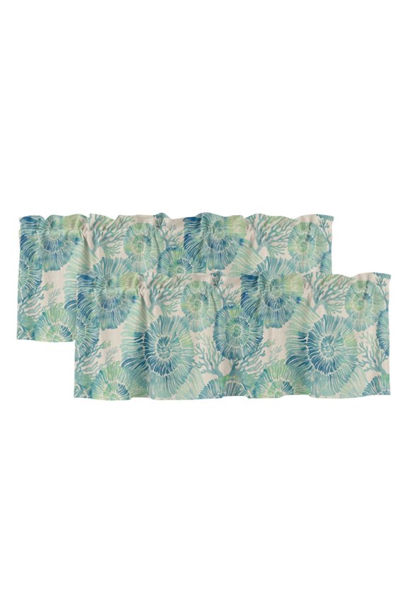 Green Nautilus 2 Panels Kitchen Valance, Coastal Teal Coral Vintage Khaki Linen Texture Curtains Valances for Small Windows Rod Pocket Window Treatments for Living Room Bedroom 42"W x 12"L