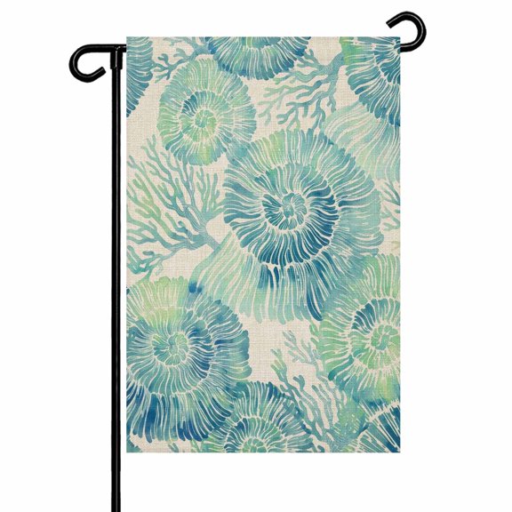 Green Nautilus Garden Flag 12x18 Inch Coastal Teal Coral Vintage Khaki Linen Texture Double Sided Small Decorative Garden Flags for Outside, Outdoor Yard Porch Lawn Decoration