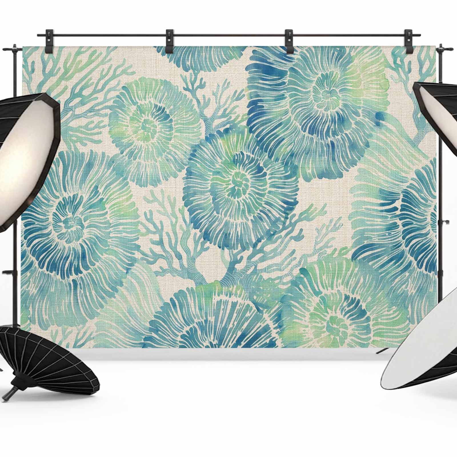 Shell Linen Backdrop Green Nautilus Photography Backdrop 12x8FT, Coastal Teal Coral Vintage ...