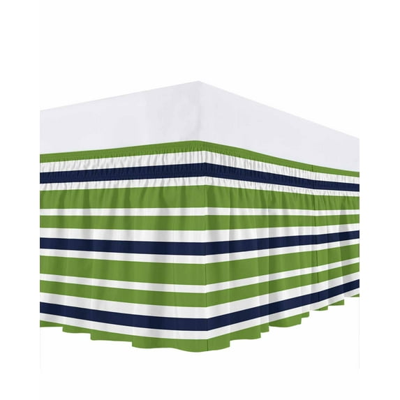 Green Navy Bed Skirt Queen Size 18 Inch Drop, Blue White Geometric Stripes Wrap Around Dust Ruffle Bedskirts, Wrinkle & Fade Resistant Easy Fit Bedskirt with Adjustable Elastic