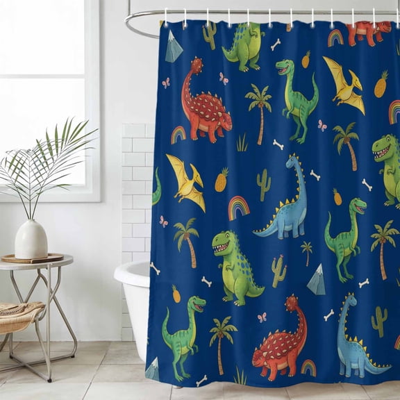Green Navy Blue Dinosaur Small Stall Shower Curtain, Waterproof Shower Curtains for Bathroom, Cactus Palm Trees Animals Washable Fabric Cloth Bath Curtain for Bathtub with Hooks 36x72 Inches