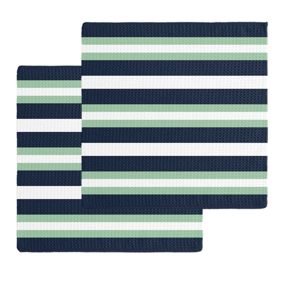 Green Navy Blue Striped Kitchen Dish Towels for Drying Dishes Set of 2, Chic Abstract Lines Geometric Waffle Weave Microfiber Hand Tea Bathroom Towels Quick Dry & Absorbent Towel 12x12