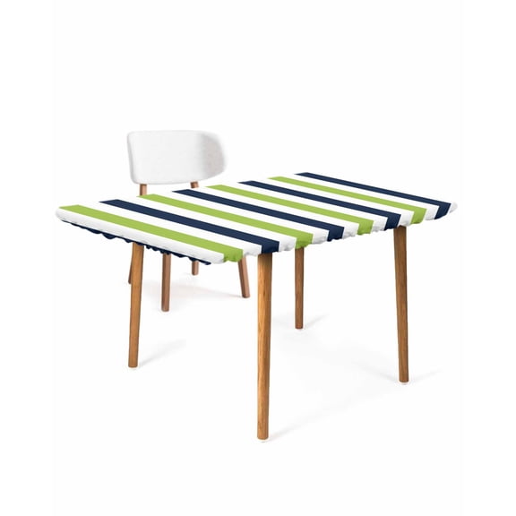 Green Navy Blue Striped Rectangle Tablecloth, Waterproof Elastic Fitted Table Covers for 6 Foot Tables, 32x72inch Decorative Tablecloths for Picnic, Camping, Indoor, Outdoor, Farmhouse Stripe Art